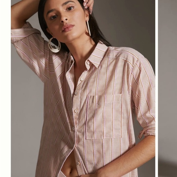 Anthropologie Long Buttondown Motif Striped Pink Embroidered Striped Shirt Dress - Picture 5 of 16